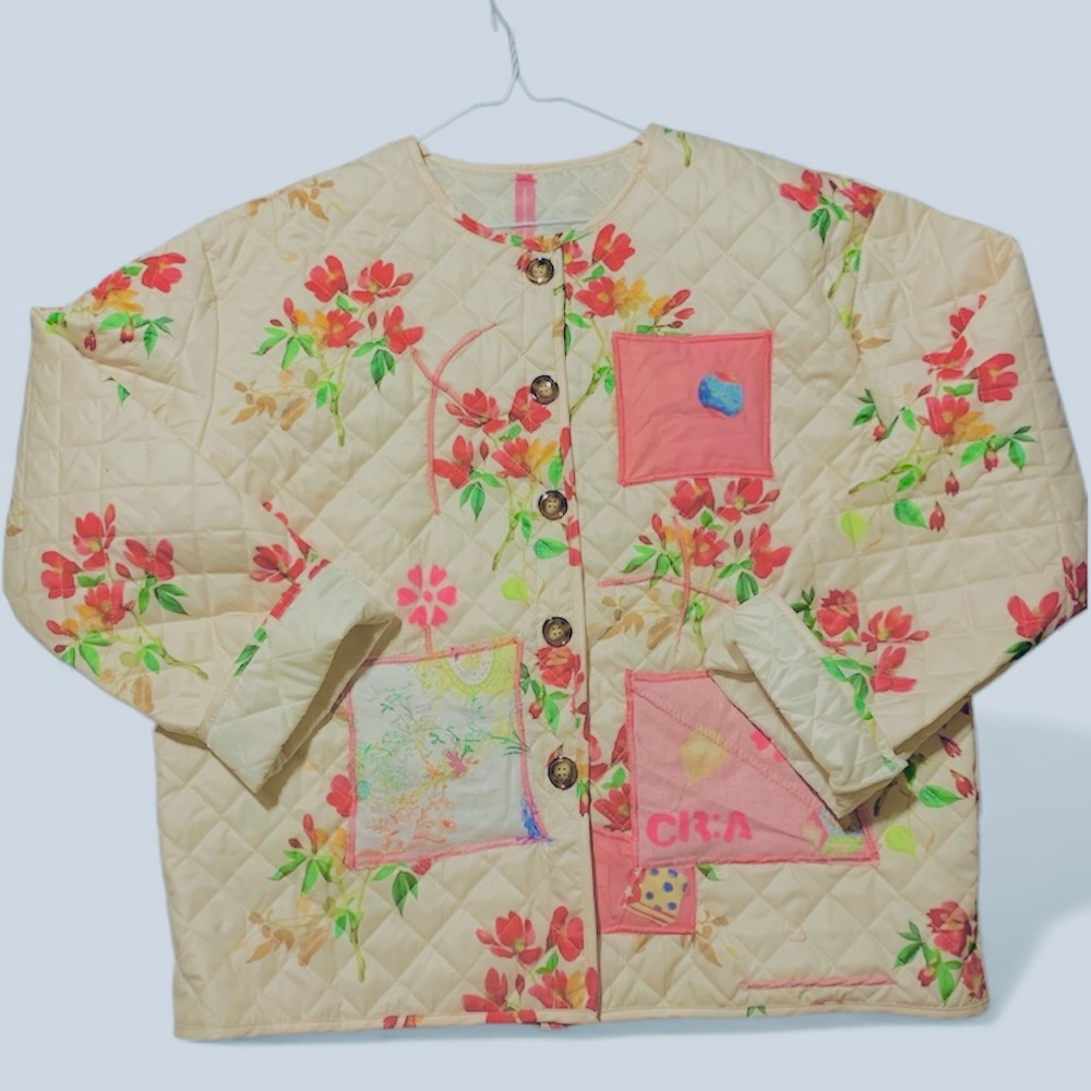 Free People Floral Quilted Jacket - Cream and Pink